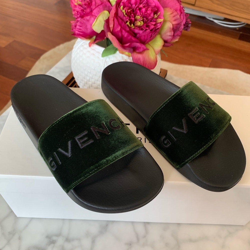 NEW Givenchy Embroidered Logo Velvet Slide Sandals